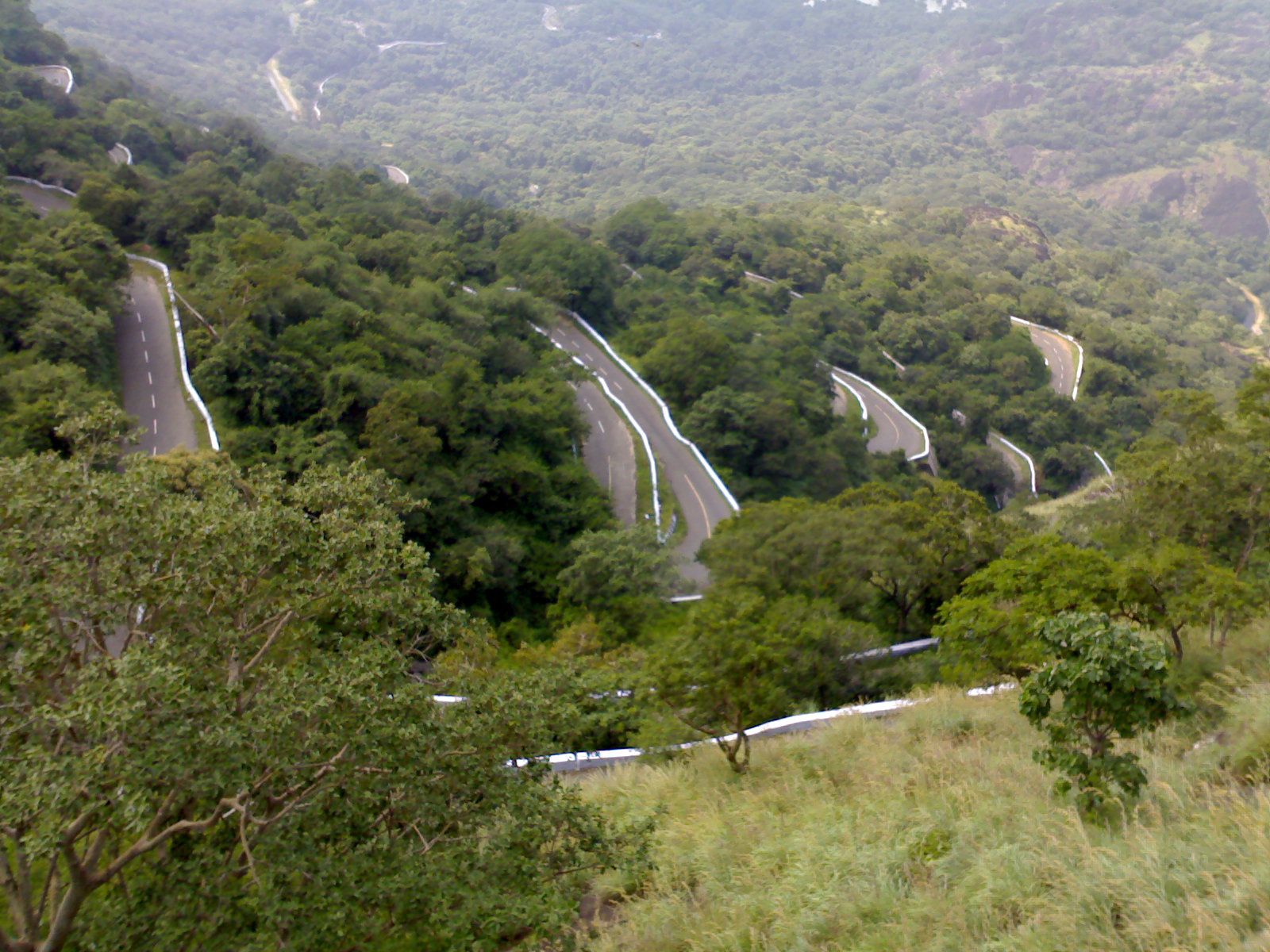 Hairpin bends of a hill road climbing through forest in the Valparai hills, Tamil Nadu, India