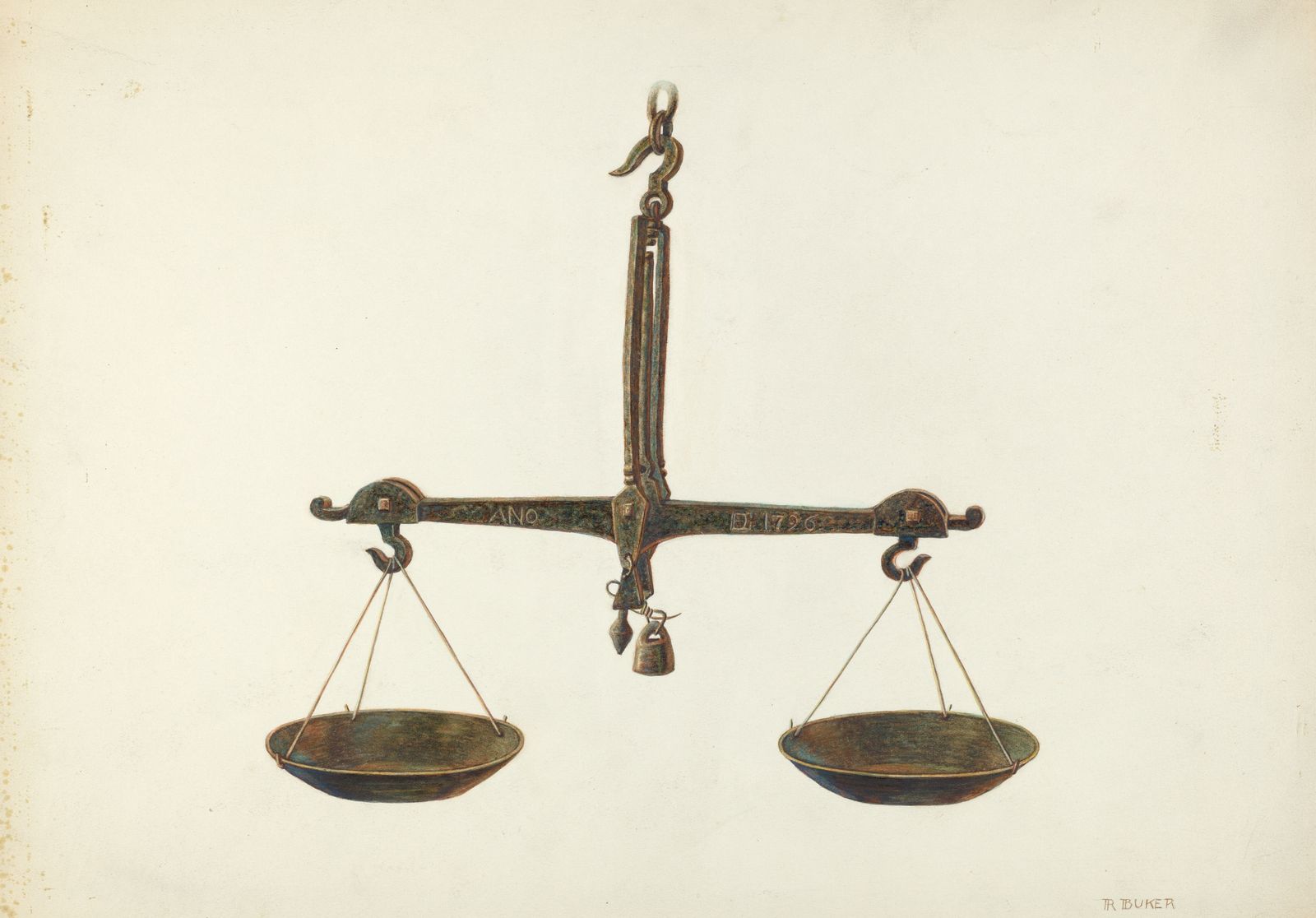 A painted study of an antique hanging balance scale