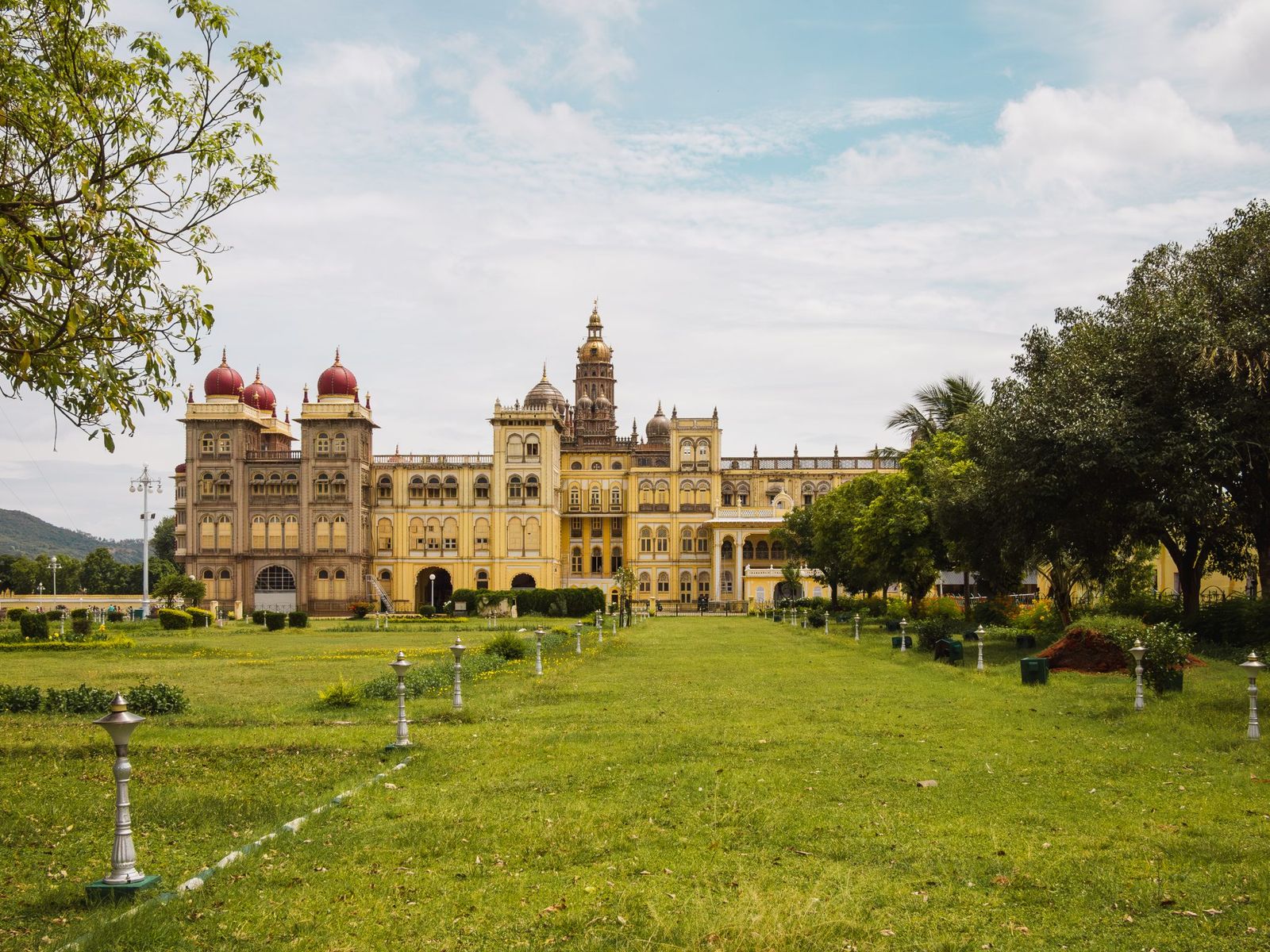 Mysore Palace seen across its lawns and gardens