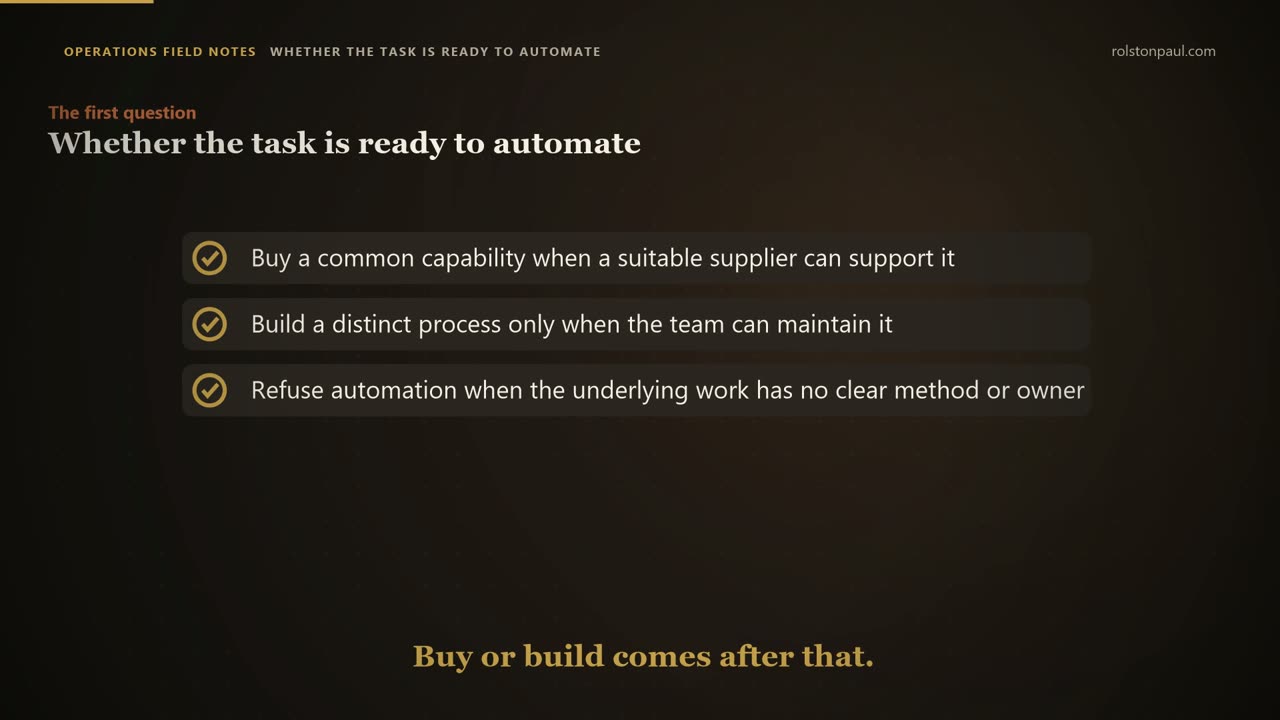 Video still: Buy, build or refuse: an automation decision that survives the demo